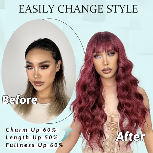 Image of NAYOO Wine Red Wigs with Bangs for Women,24 Inch Wavy Synthetic Wig | Natural Looking,Beginner Friendly,Heat Resistant Fiber,Ideal for Daily Wear,Parties & Halloween