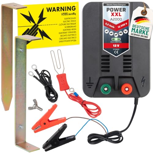 Power XXL A2000 12V Set Elektrozaungerät inklusive Zubehör Weidezaungerät für Lange Einzäunungen, Weidezaun Paddock Gehege 12.500 Volt 2,2 Joule