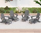 KINGYES Folding Adjustable Adirondack Chair with Ottoman & 2 Cup Holders Set of 4, HDPE Adirondack Recliner Chair with Footrest, Grey