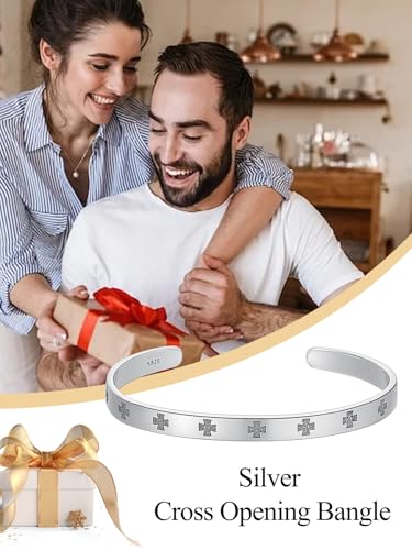 POIUY S925 Sterling Silver Christian Cuff Bracelets Cross/Feather Bracelets Religious Faith Protect Jewelry Birthday Anniversary Christmas Gifts for Men3