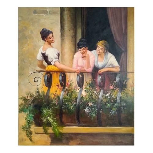 MORANA Cuadro pintado a mano – Óleo sobre lienzo 50 x 60 cm – Tres amigos con vistas al balcón florido – Inspiración estilo anddalusa/Belle Époque – Fabricado en Italia