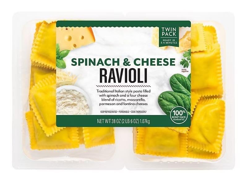 Spinach and Cheese Ravioli is a great value and a quick dinner solution for the entire family. It contains a generous filling of four cheeses (ricotta, mozzarella, parmesan, fontina) and spinach all wrapped in a homemade-style pasta. This ravioli pairs well with tomato sauce, pesto or simply butter, and cooks in 3 to 4 minutes. Convenient packaging ensures product stays fresh - eat one & freeze one or share with a friend. [ 38 oz , 2.3 lb ]