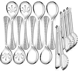 Teivio Hammered Stainless Steel Metal Serving Utensils Set of 12, 10' Serving Spoons, 10' Slotted Spoons, 9' Serving Tongs, Large Hostess Serving Set for Parties Chafing Dish Buffet Catering (Silver)