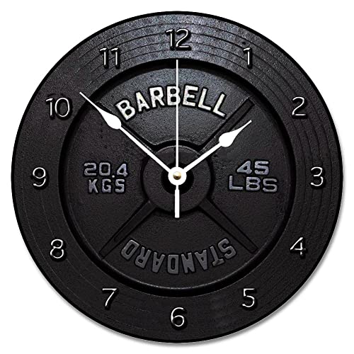 Barbell Design Black Rustic Wooden Clock Vintage Decor Round Wall Clock Gym Sport Silent Non-Ticking Battery Operated Clock for Kitchen Home Bedroom Living Room Office School Gift
