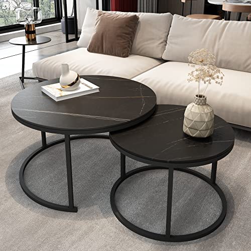 Modern Nesting Slate Coffee Table Set of 2 ,Round Sintered Stone Top with Sturdy Metal Frame for Living Room Balcony Office Modern Nesting Slate Coffee Table Set of 2 ,Round Sintered Stone Top with Sturdy Metal Frame for Living Room Balcony Office