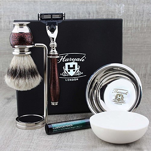 Haryali London Maroon Antique Design - Set da barba da uomo, 3 Edge, rasoio, pennello da rasatura, ciotola da rasatura, sapone da barba, supporto per rasoio e penna d'alia