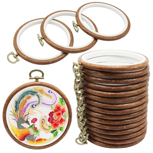 Image of Bonsicoky 15 Pack Round Embroidery Hoops, 4 Inch | Wood Look Decorative, PVC Imitated Wood, Vintage Frames, For Hand Embroidery & Cross Stitch Projects