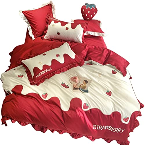 Leige Sweet Strawberry Long-Staple Cotton Four-Piece Set Stitching Embroidery Quilt Cover Ruffled Small Fresh Bedding (Color : 7-Piece Suit, Size : 1.8M) #TOP23