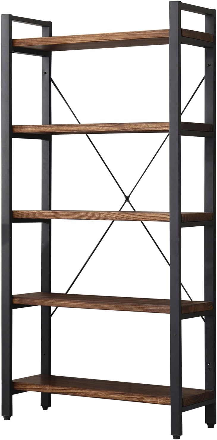 DESKIZIA 5-Tier Industrial Bookshelf with Solid Wood Shelves