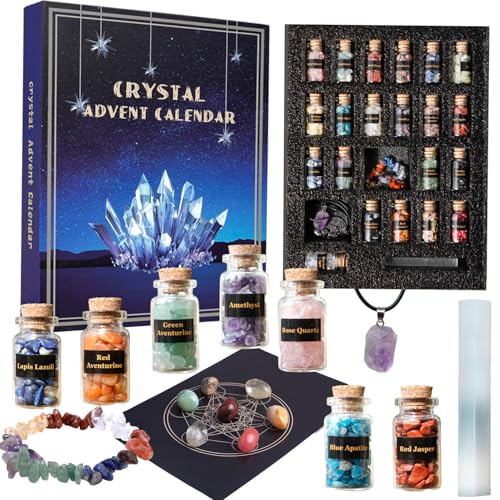 Crystal Advent Calendar 2025 Healing Crystal Natural Gemstone 24 Days Christmas Countdown Calendar for Adult - Natural Crystals Chips Bottles Gift Set for Witch Beginne