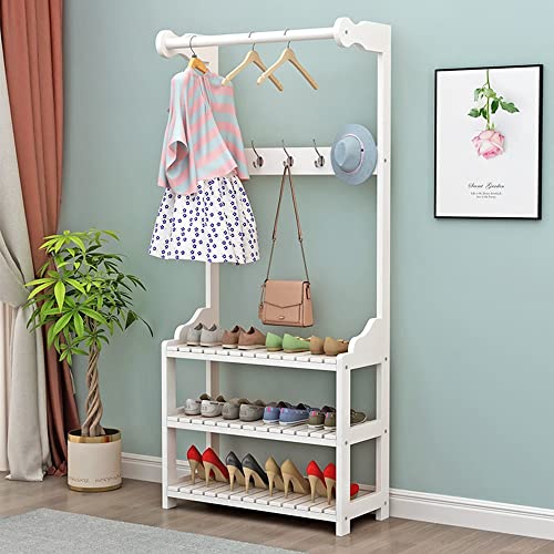 Bagewinner Perchero con Zapatero,Perchero de Pie de Madera con 2 Estantes y 5 Ganchos, Multifuncional Perchero con 3 Capas Banco para Pasillo Recibidores Entrada 70X30X170CM,Fácil de Montar Cover