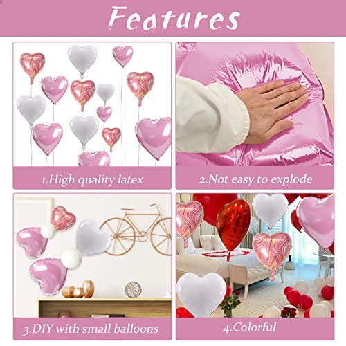 Image of Pink White Agate Heart Shape Balloons - 10PCS Pink & White Foil Heart Balloons for Valentine's Day Decorations - 18inch