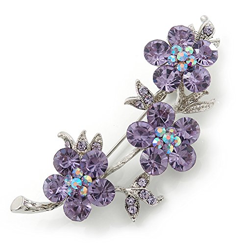 Broche florale rhodium strass violet clair et cristal : bijou de veste femme longueur 55 mm