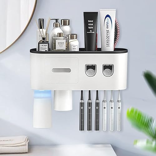 Exprimidor automático doble de pasta de dientes soporte para cepillo de dientes montado en la pared organizador multifuncional para baño con cajón