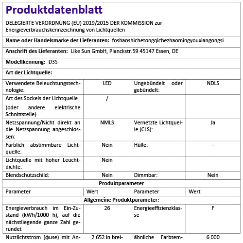 XELORD D3S Xenon Brenner Scheinwerferlampe 6000K Diamond Weißlicht 35W HID Fahrzeugscheinwerferbirne12V (2 Lampen)
