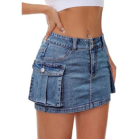 Mancreda Women Denim Cargo Skirt Mini Low Waist Button Bodycon Y2K Flap Pockets Skirts(BL,S) Cover