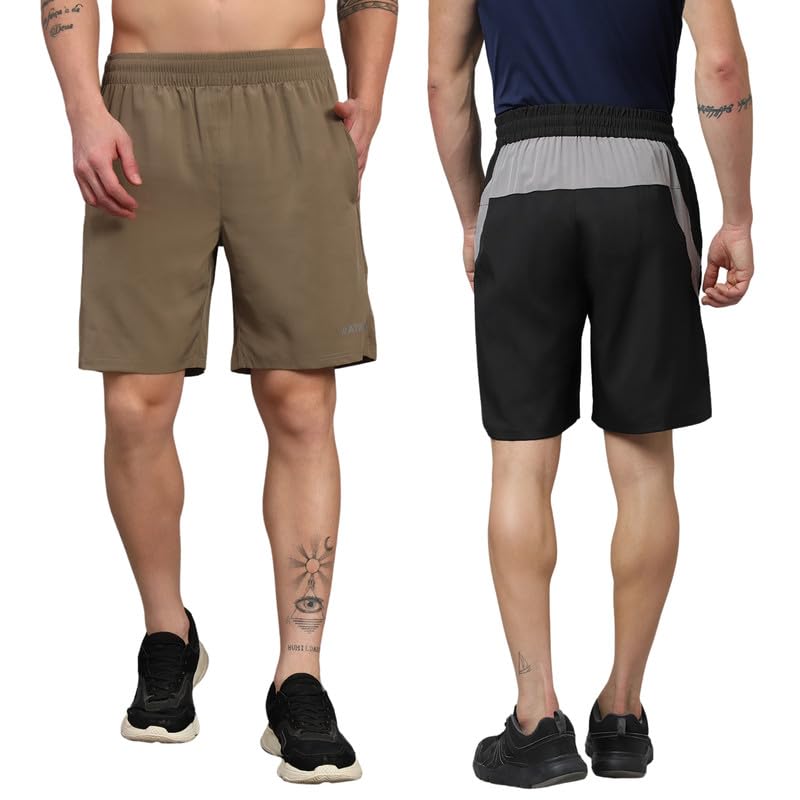Image of ATICX Polyester Shorts for Men - Quick Dry Lightweight with Zipper Pockets - Gym, Running, Jogging, Training Half Pants for Basketball, Swimming, Badminton, Cycling, Football, Outdoor & Home Wear