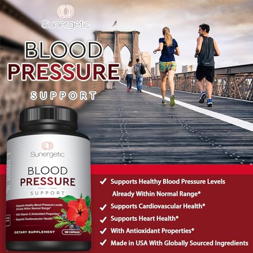 Image of Sunergetic Premium Blood Pressure Support Supplement for Cardiovascular & Heart Health with Garlic, Hawthorn & Hibiscus (180 Capsules)