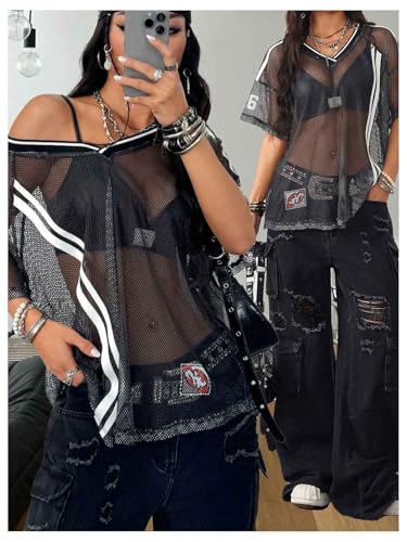 Women's Y2K Jersey Shirts Striped Sheer Mesh Crop Top See Through V Neck Short Sleeve Sports Tees Streetwear3