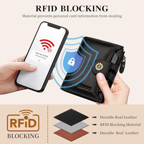 Image of Wallet Women,RFID Blocking Leather Womens Wallet Bifold Compact Card Holder Small Wallet for Women with Removable ID Window Black