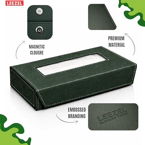Image of LEEZEL| Tissue Box Holder with 100 Pulls Cotton Rags Tissue | Handcrafted Fine Leather - Like Finish | for Gifting, Office Desks, Cars & Home Decor | Durable & Water Resistant. (Military Green)