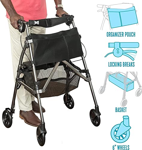 Stander Ez Fold-N-Go Rollator, Lightweight Folding Mobility Rolling Walker For Seniors And Adults, 6-Inch Wheels, Locking Brakes, And Padded Seat With Backrest, Regal Rose #TOP4