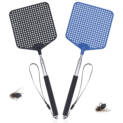TAKUZA 2 matamoscas extensible grande y estable para repeler moscas, avispas, mosquitos y otros insectos (negro, azul)