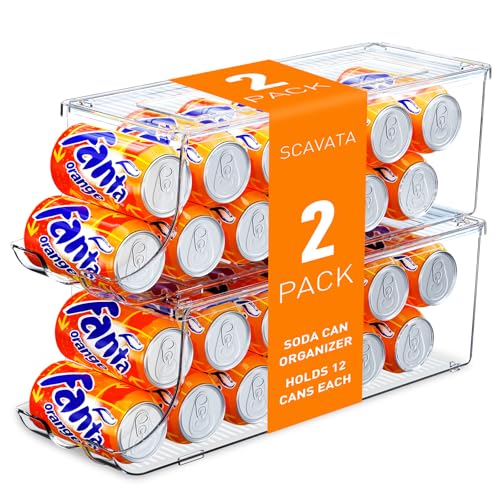 Image of SCAVATA 2 Pack Soda Can Organizer for Refrigerator, Stackable Canned Food Pop Cans Container Can Holder Dispenser with Lid for Fridge Rack Freezer, Clear Storage Bins-Holds 12 Cans Each (Clear)