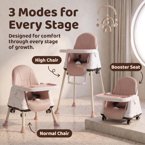 Image of StarAndDaisy 3-in-1 Convertible Baby High Chair with Adjustable Double Tray, 3-Point Safety Harness, Booster Seat & Low Chair, PU Cushion, Steel Frame for Babies & Toddlers (Pink)