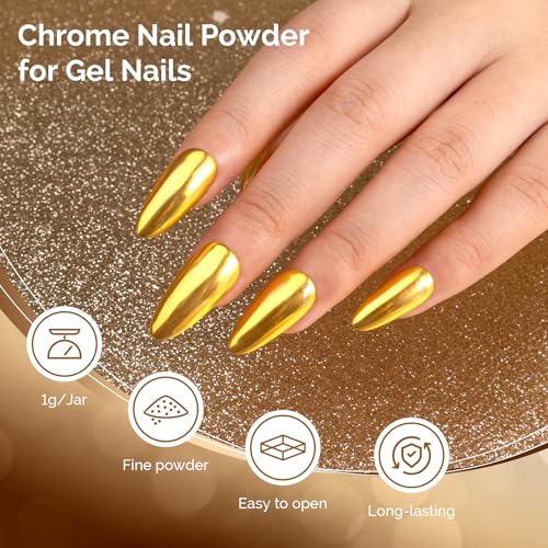 Image of MelodySusie Gold Chrome Nail Powder for Gel Nails,Metallic Mirror Effect Pigment Stylish and Technological Fine Glitter for Home DIY Salon Use