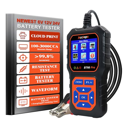 Acclope BT60 PRO Autobatterie Tester mit Cloud-Druck 100-3000 CCA, 6V 12V 24V AGM Lithium Gel Batterieprüfer Lade- und Anlasssystem Digitaler Analyzer für Fahrzeuge und LKWs