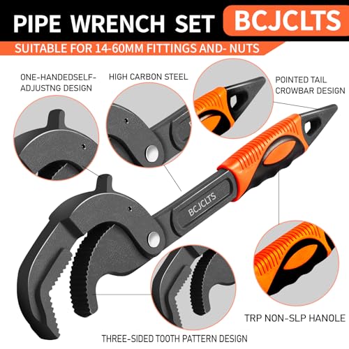 Pipe Wrench Set, 10” and 15” Self Adjusting Wrench 2-Piece Plumbing Tools for 0.55“-2.36”/14-60mm Standard Nuts, Irregular Nuts,Pipes Use - Image 3
