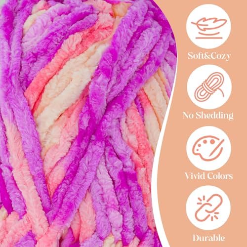 3 Pack Velvet Chenille Yarn for Crocheting and Knitting Beginners,Purple Pink Velvet Plush Fuzzy Fluffy Chenille Yarn for Crochet Blankets/DIY Crafts(Purple Pink)