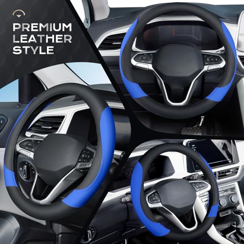 Image of Coverado Car Steering Wheel Cover, Nappa Leather Black & Blue Steering Wheel Covers for Women, Universal 14-15 inch, Anti-Slip, Breathable Steering Wheel Protector