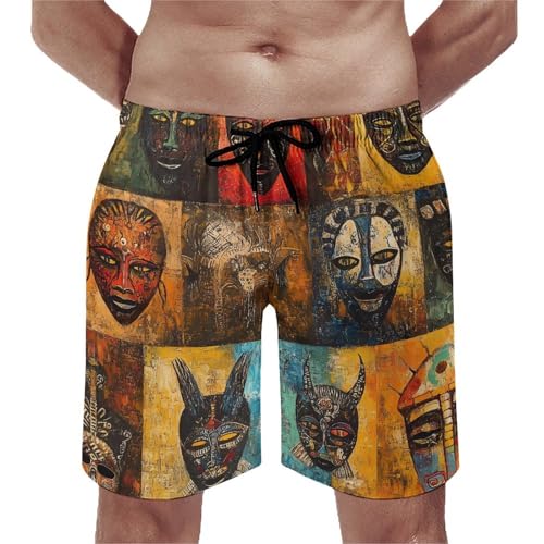African Masks Beach Shorts for Men Swim Trunks Quick Dry Bathing Suit Drawstring Hawaiian Short4