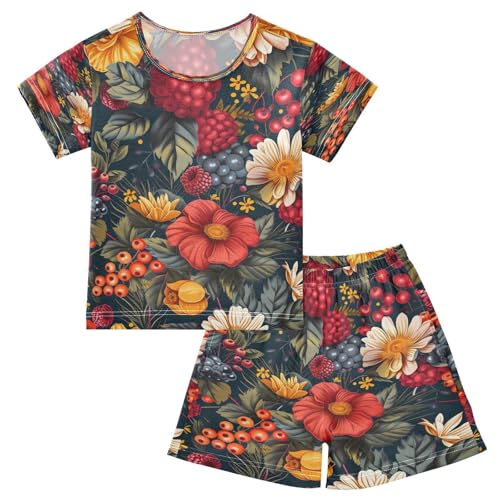 senya Short Sleeve Pajamas Sets Summer Cotton Sleepwear Rosehip Fruits Tea Leaves