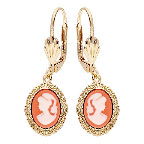 Boucles d'oreilles plaqué or Camée résine rose système dormeuse + écrin (offert) Cover