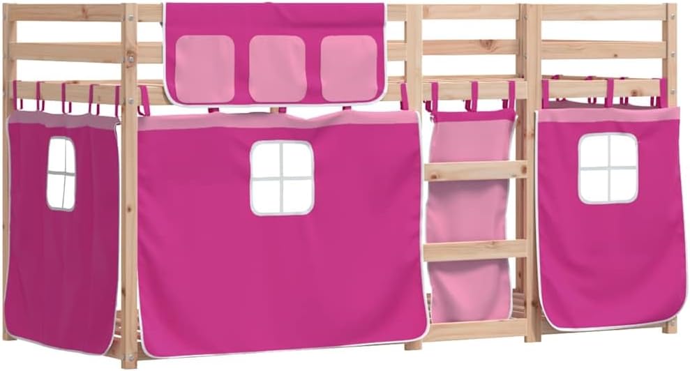 vidaXL Solid Pine Wood Twin Sleeper Bunk Bed with Pink Curtains and Ladder - Ideal for Kids Room, 90x190 cm