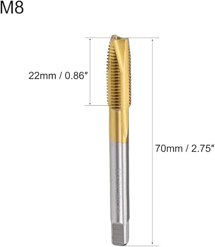 Miniatura 2 de uxcell Tapón de punta en espiral roscado M8 x 1 rosca, roscas de tierra H2 3 flautas, acero de alta velocidad HSS 6542, recubierto de titanio,