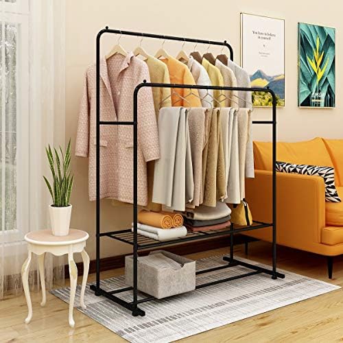 JURMERRY Clothes Garment Rack Double Rail 2 Hanging Rod Installed Commercial Grade Multi-Purpose Portable Entryway Shelving,Black