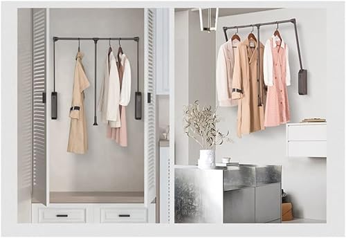 Barra de armario ajustable para colgar ropa, armario, riel de elevación, cierre suave (color moca, tamaño M)