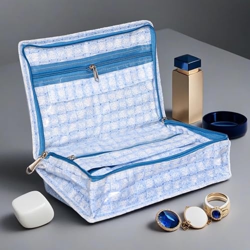 Image of Kuber Industries Makeup Storage Bag | Vanity Box for woman | Watch Organizer | Cosmetic Storage Kit | Makeup Kit with Handle | 6 Pouch Jewellery Storage Bag | Check-Design | Blue