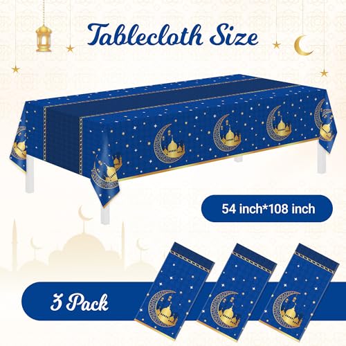 Image of Childom 3 Pack Ramadan Table Cloth,Ramadan Decorations for Home,54 inch x 108 inch Eid Mubarak Decorations,Eid Ramadan Tablecloths Rectangular,Blue Plastic Table Cloth Disposable Table Cover for Party Favors