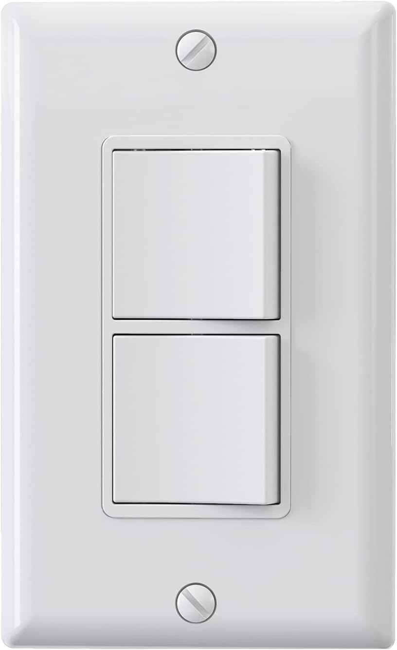ELEGRP Decorator Double Rocker Light Switch, Two Single Pole Electrical Paddle, 15A 120V, in-Wall On/Off, Self-Grounding, Wall Plate Included, UL Listed (1 Pack, Glossy White)