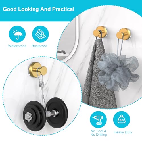 Image of HUFEEOH Suction Cup Hooks for Shower, Suction Hooks Wall Hanger for Hanging, Removable Towel Holder for Bathroom, Kitchen, Glass Door, Mirror, Tile (2 Pack O Shape - Gold)