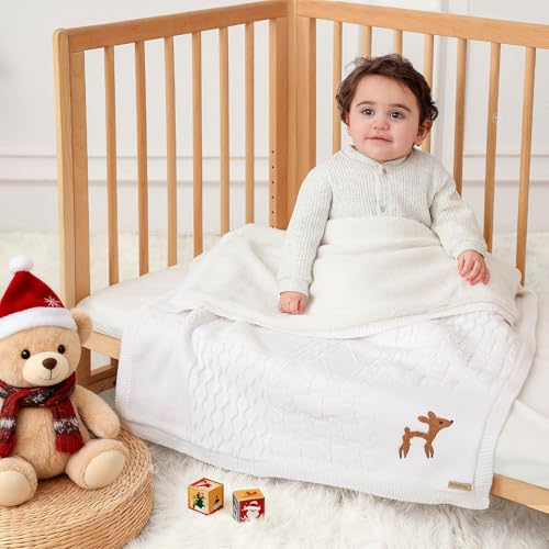 Image of Cotton Knit Baby Blanket with Plush Fleece, 31x40 Receiving Blanket for Newborn Boys & Girls, Soft Warm Stroller Blanket with Deer Embroidery, Box