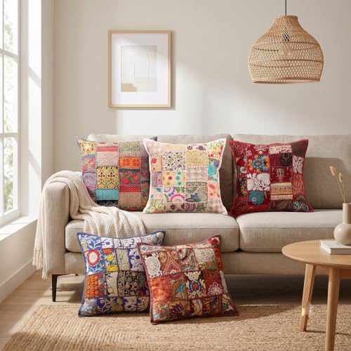 Image of Ravaiyaa - Attitude is everything Set of 5 Handmade Khambadiya Patchwork Cotton Cushion Cover 16X16 Inch | Decorative Cotton Throw Pillow Covers | Bohemian Vintage Embroidered Sofa Cushions