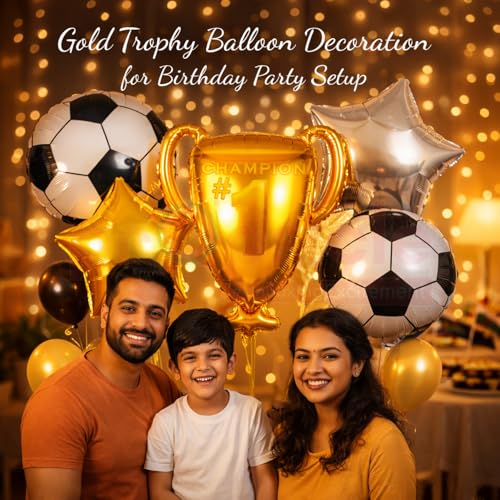 Image of Propsicle Football Trophy Foil Balloon Set Birthday Decoration for Boys 5pc | Soccer world cup decoration 2026 football birthday theme champion sports day golden trophy balloon ronaldo theme decor