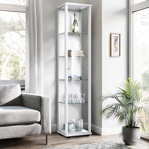 K-Möbel Glasvitrine Stehend (176x37x33cm) - Made in Germany - Vitrinenschrank Weiss mit 4 höhenverstellbaren Glasböden - Vitrine Glas stehend - Glasschrank - Display Cabinet