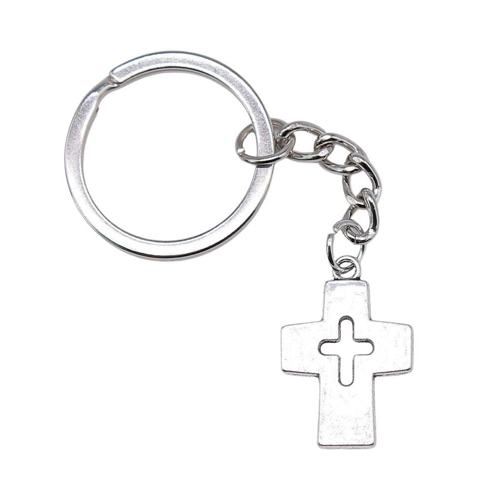 Wysiwyg Unisex A26-1Pcs-25X17mm 1Pcs 25X17mm Cross Charms Keyrings Antique Silver Color Zinc Alloy Ring Size 28Mm
